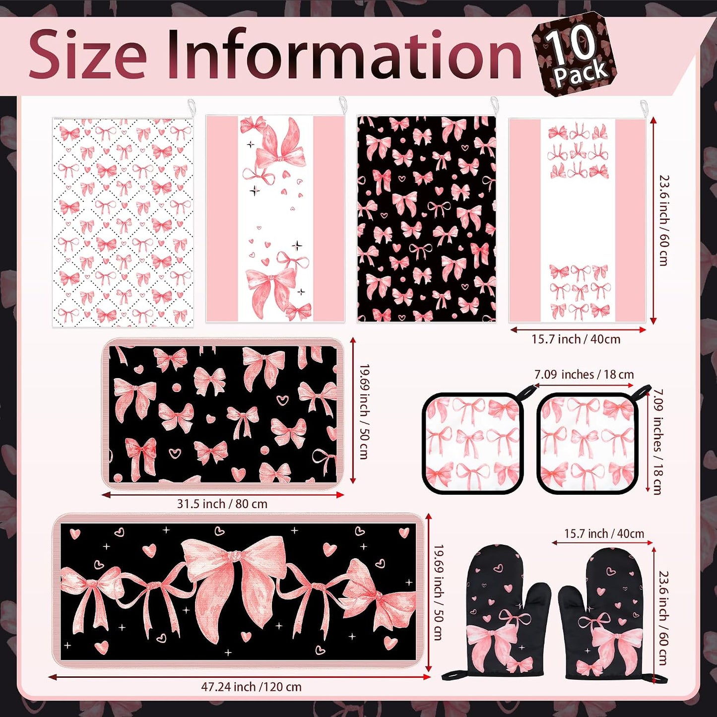 10 Pcs Cute Pink Bow Kitchen Decor and Accessories - Valentines Day Sets 4 Dish Towels 2 Pot Holders 2 Oven Mitts 2 Rugs for Kitchen Bathroom Home Cooking Housewarming Baking Daughter Mom Gift