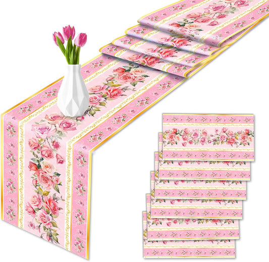 6Pcs Pink Flower Table Runner Tea Party Decorations Disposable Plastic Table Runner for Summer Spring Birthday Wedding Holiday Kitchen Decoration,108x14In(Pink)