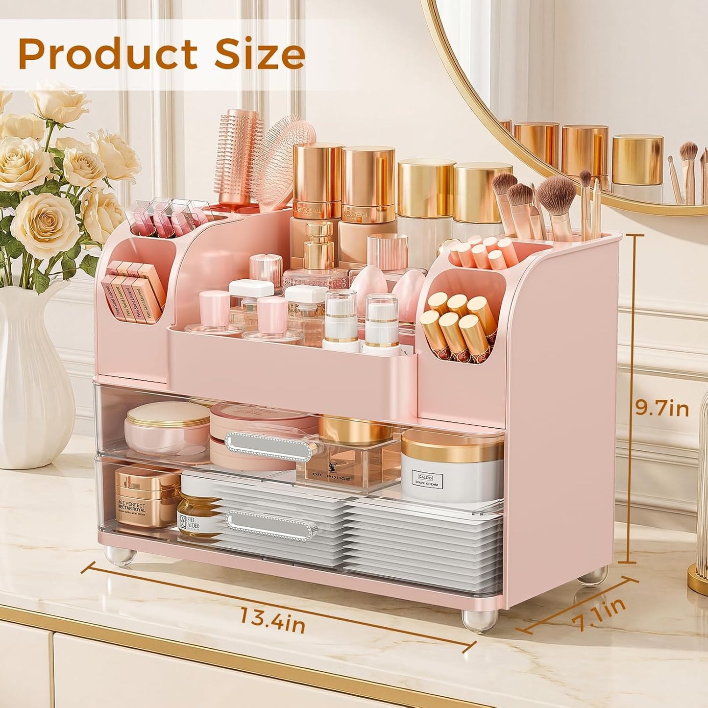 Makeup Organizer for Vanity with Brush Holder, Large Bathroom Countertop Organizer & Skincare Storage | Perfume, Cosmetics Display Case with Drawers (Pink)