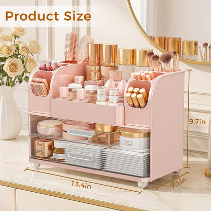 Makeup Organizer for Vanity with Brush Holder, Large Bathroom Countertop Organizer & Skincare Storage | Perfume, Cosmetics Display Case with Drawers (Pink)