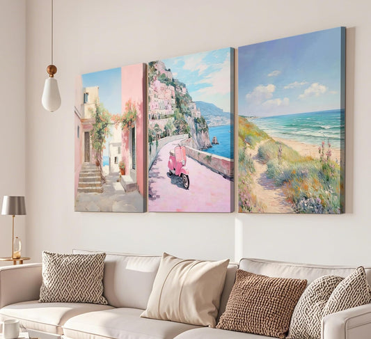 3Pcs Amalfi Coast Pastel Canvas Wall Art Trendy Pink Beach Preppy Painting Picture Wall Decor Aesthetic Italian Beachy Landscape Poster Print Artwork for Teen Girl Dorm Girls Room Home Decoration