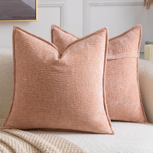 MADIZZ Pack of 2 Decorative Throw Pillow Covers Soft Chenille Throw Pillows Solid Textured Cushion Covers for Couch Sofa Bedroom Living Room 18x18 Inch, Peach