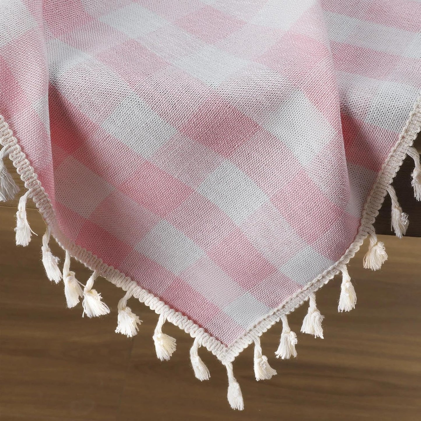 Romanstile Pink Gingham Tablecloth Rectangle, Outdoor Waterproof Linen Cotton Checkered Table Cloth with Tassel, Heavy Duty Wrinkle Free Buffalo Plaid Table Cover for Picnic Camping - 55 x 84 Inch