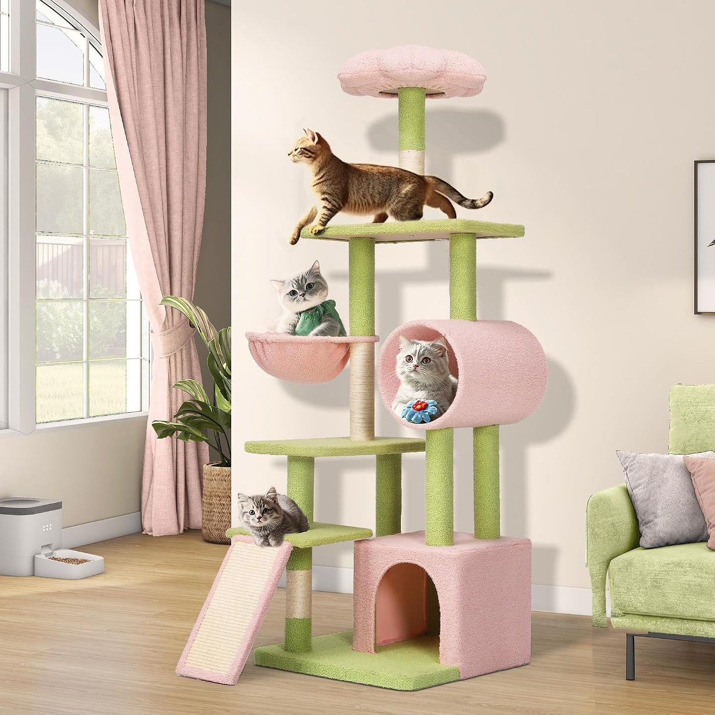 YITAHOME Tall Flower Cat Tree Tower with Detachable Perch, 65in Cute Cat Climbing Tower for Indoor Cats with Cat Condo, Basket, Tunnel, Sisal Scratching Posts and Board, Pink and Green