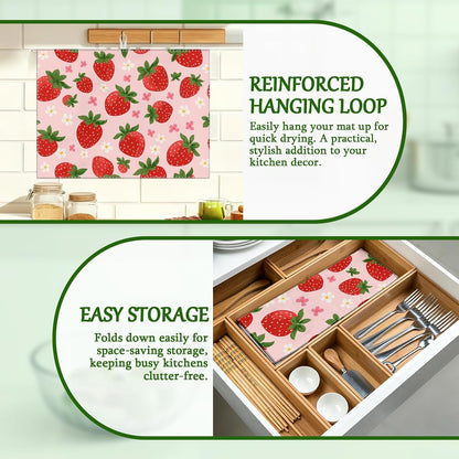 Pink Cute Strawberry Flowers Dish Drying Mat for Kitchen Counter Floral Absorbent Microfiber Dish Drainer Mats Reusable Washable Dishes Draining Rack Pad 18x24 Inch