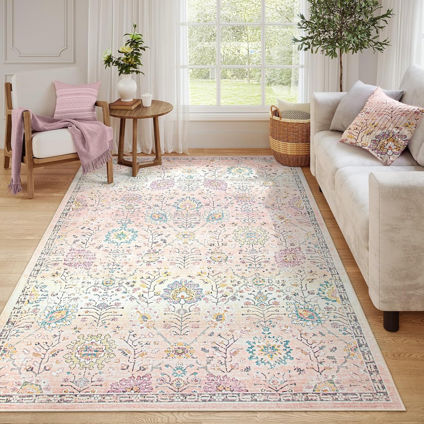 Lahome Flavie Light Pink Boho Rug, 6x9 Washable Rugs for Bedroom Girls, Soft Floral Kids Carpet with Non-Slip Backing for Nursery Playroom Kids Room