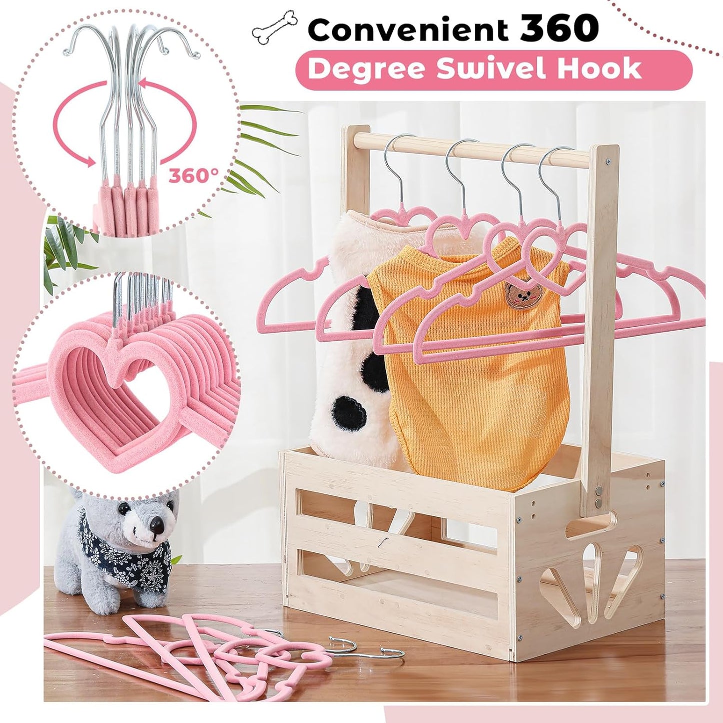 24 Pcs Pink Dog Clothes Hangers 13'' Non-Slip & 360° Swivel Pink Velvet Pet Hangers for Dogs and Cats Rustproof Metal Hooks, Space-Saving for Home Storage & Grooming Salons