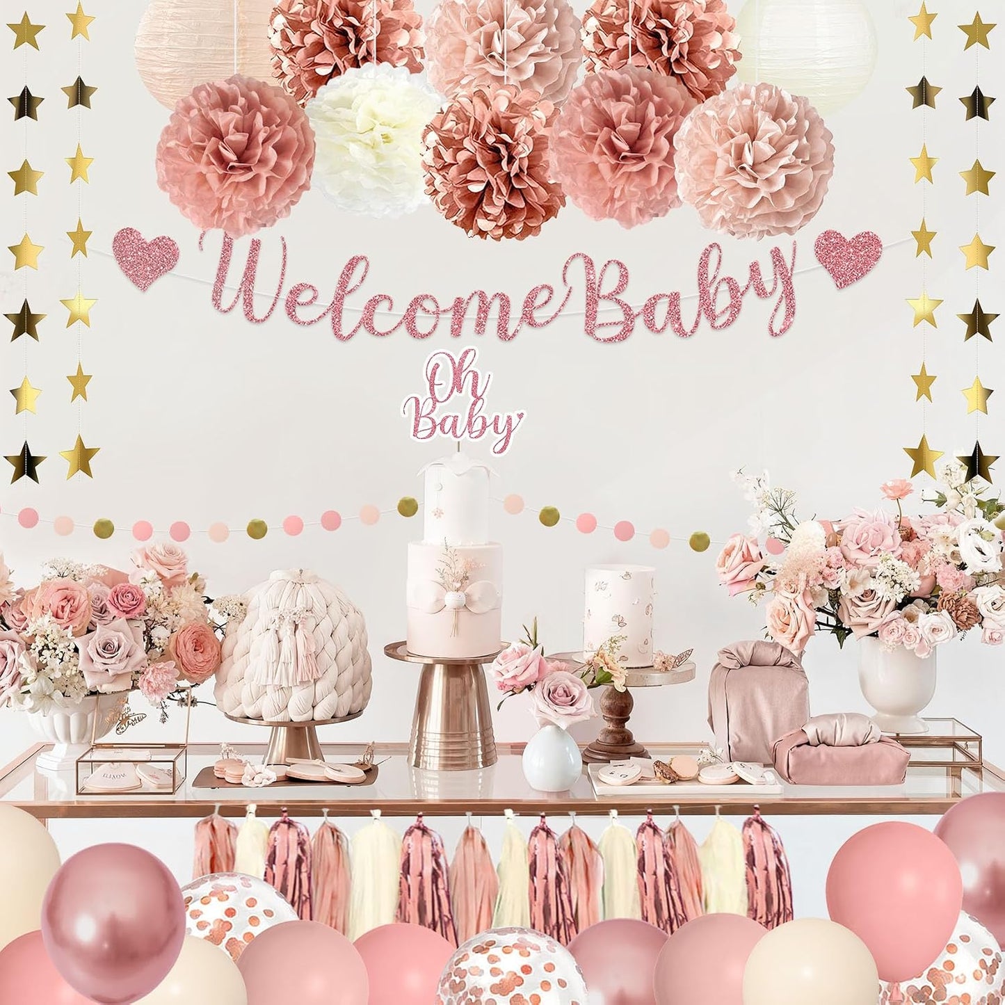 Amandir Dusty Pink Girl Baby Shower Decorations Welcome Baby Banner, Cake Topper, Paper Lanterns, Gold Balloons Pom Poms Flowers Tassels, Circle Dots Star Garland Gender Reveal Birthday Party Supplies