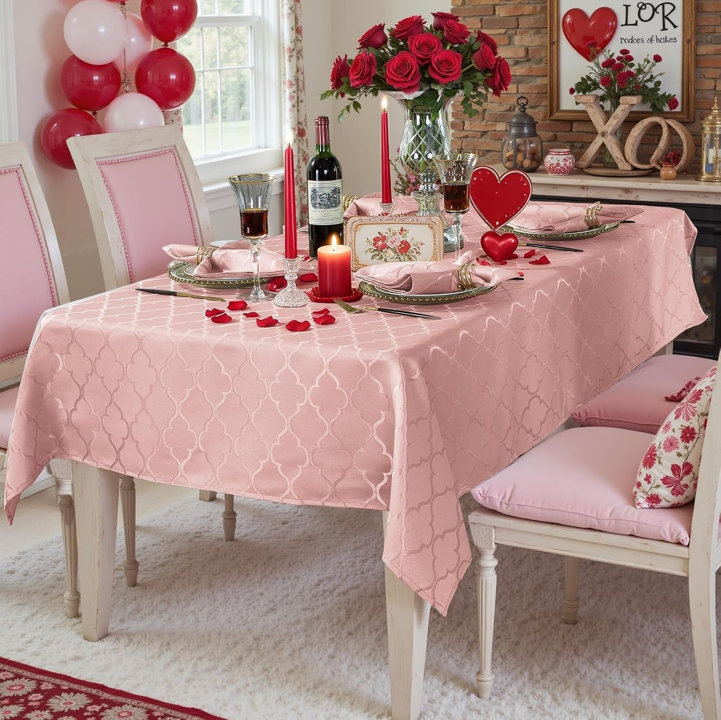 SASTYBALE Pink JacquardTablecloth 52x70 Inch Rectangle | Elegant Damask, Water Resistant Wrinkle-Resistant, Fits 4-6 Seats Mother's Day, Valentine's Day, Wedding & Gatherings
