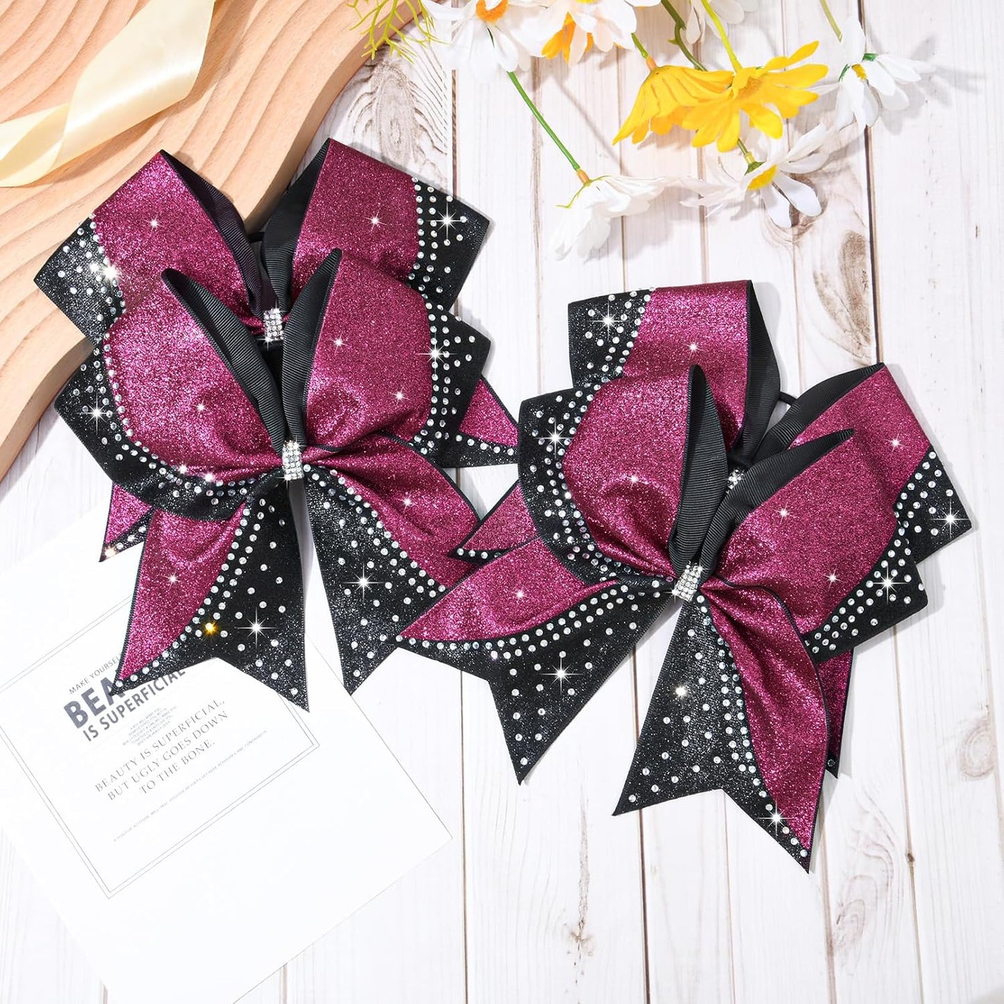 6PCS Glitter Cheer Bow Large Cheer Bows Rhinestones Hair Bows Girls 8"Cheerleading Bows Bulk Elastic Band Ponytail Holder for Teen Girls College Sports Competition Pink Black