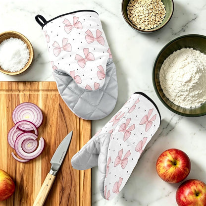 Bows Light Pink Non-Slip Oven Mitts Set Heat Resistant Kitchen Gloves with Quilted Liner Cotton Machine Washable with Hanging Loop for Baking Grilling BBQ