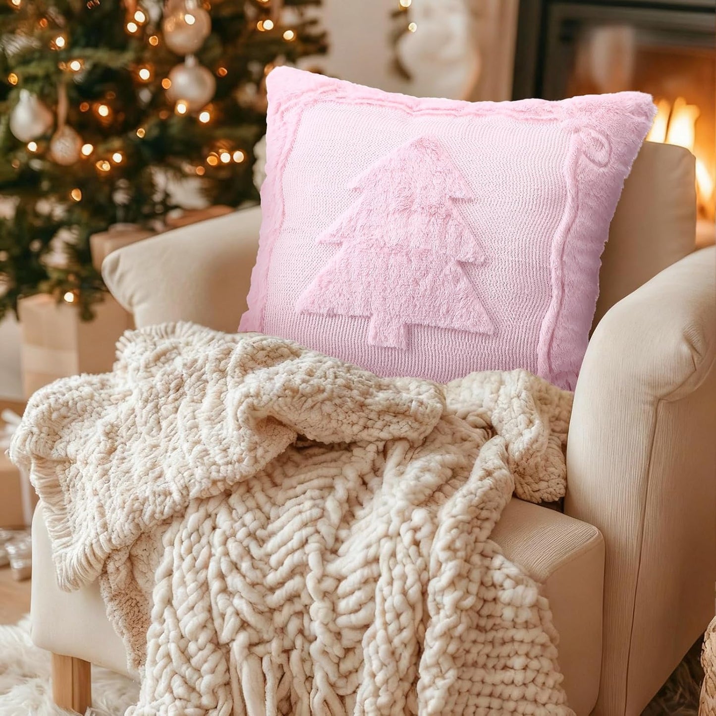 Remagr 2 Pack Christmas Tree Pink Pillow Covers 18 x 18 Inch Pink Bow Throw Pillow Covers Soft Plush Faux Fur Cushion Case for Christmas Bedroom Sofa Winter Home Holiday Decor