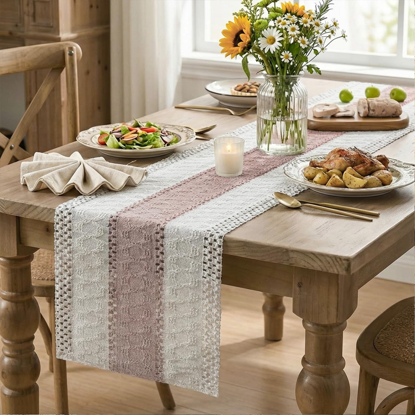 Artoid Mode Pink Farmhouse Rustic Table Runner, Seasonal Holiday Hollow Kitchen Dining Table Decoration for Home Party Decor 12x72 Inch
