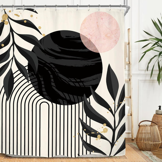Miyotaa Abstract Modern Shower Curtain Set 60Wx71H Inches Minimalist Aesthetic Black Pink Contemporary Plant Leaves Neutral Polyester Waterproof Cloth Bathroom Curtain with 12 Hooks
