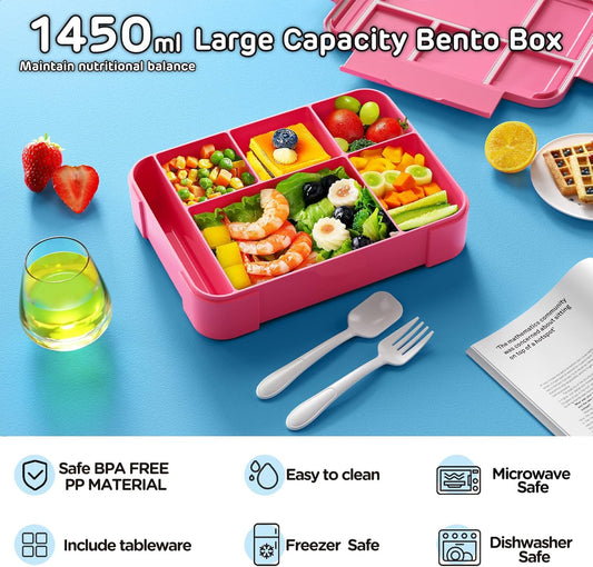 Jelife Kids Bento Box Lunch Box - 1450ml Leakproof 6 Compartments Bento Lunchbox Kids Lunch Boxes with Food Utensils for Back to School, Book-Style Lunch Snack Containers for Toddler Daycare, Pink
