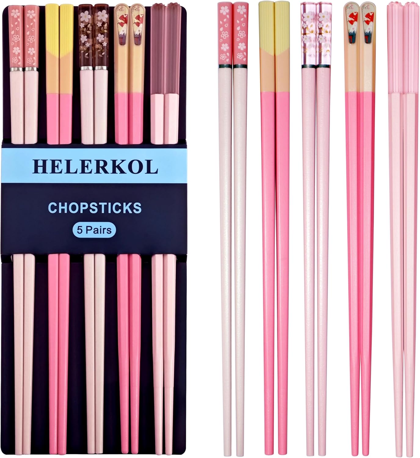 5 Pairs Pink Fiberglass Chopsticks Japanese Korean Chopstick Reusable Non-Slip Dishwasher Safe, 9.6 Inches Long, 5 Patterns