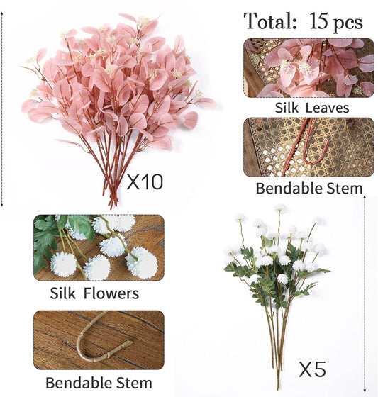 mizii 15Pcs Artificial Flowers for Vase, Pink Eucalyptus Long Stems with White Silk Mums, Fake Floral Arrangement Realistic Faux Flowers Decoration for Table Centerpieces Home Decor Indoor (Pink)