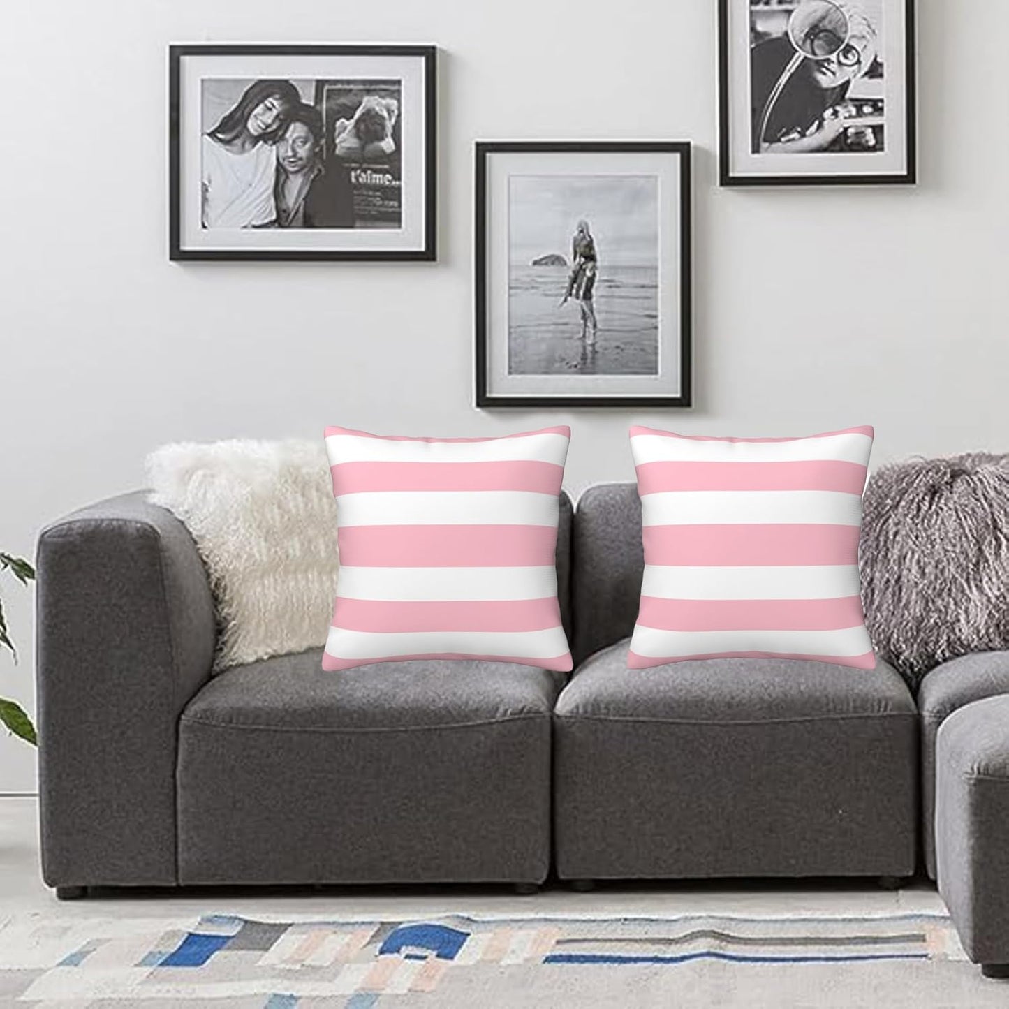 Pink and White Stripes Farmhouse Throw Pillow Covers 18x18 Inch Pillow Case Soft Cushion Pillow Covers Set of 2 for Sofa Bedroom Chair Living Room Home Decorative