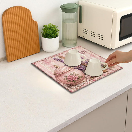 Peach Floral Dish Drying Mats for Kitchen Counter, Vintage Cottage Absorbent Dish Drainer Rack Mat, Spring Microfiber Drying Pad for Kitchen Counter Protector 16x18 Inch