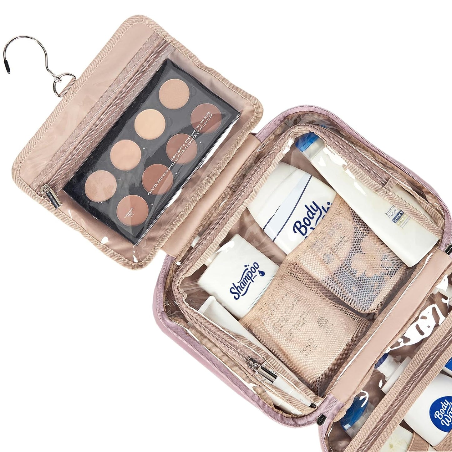 NISHEL Travel Toiletry Bag for Women, Makeup Essentials Organizer, Hanging Case for Accessories, Cosmetics, Large Size, Peach Pink