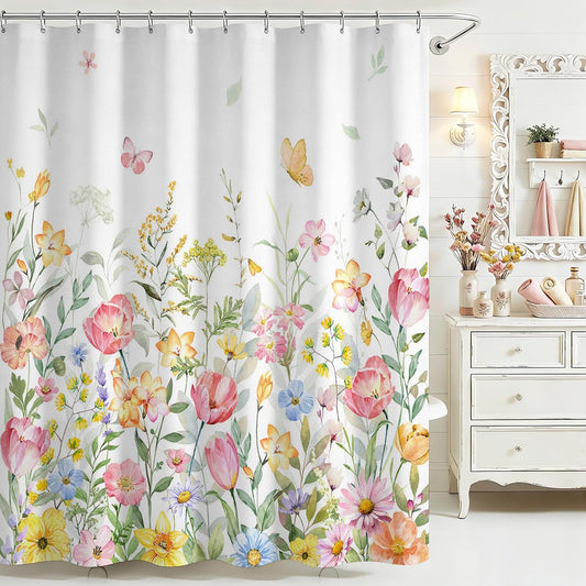 Mocsicka Pink Floral Shower Curtain for Bathroom Colorful Farmhouse Rustic Wildflower Shower Curtain for Boho Floral Bathroom Decor Waterproof Fabric Flowers Bath Curtain 72 X 72 Inch