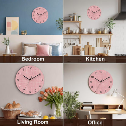 Coral Pink Linen Weave Wall Clock Battery Operated Non-Ticking 12" Round Wood Clocks, Soft Pastel Texture Kitchen Wall Clock for School Bathroom Living Room Home Office Wall Decor