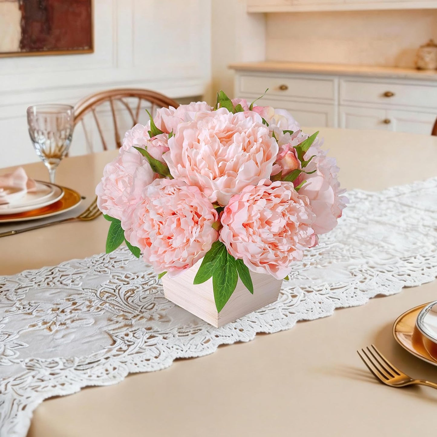 Artificial Hydrangea Flowers Arrangement in Wood Planter, 4PCS Fake Flowers in Wooden Vase Potted Floral Centerpieces for Tables Living Room Home Office Kitchen Decor (Light Pink Peony)
