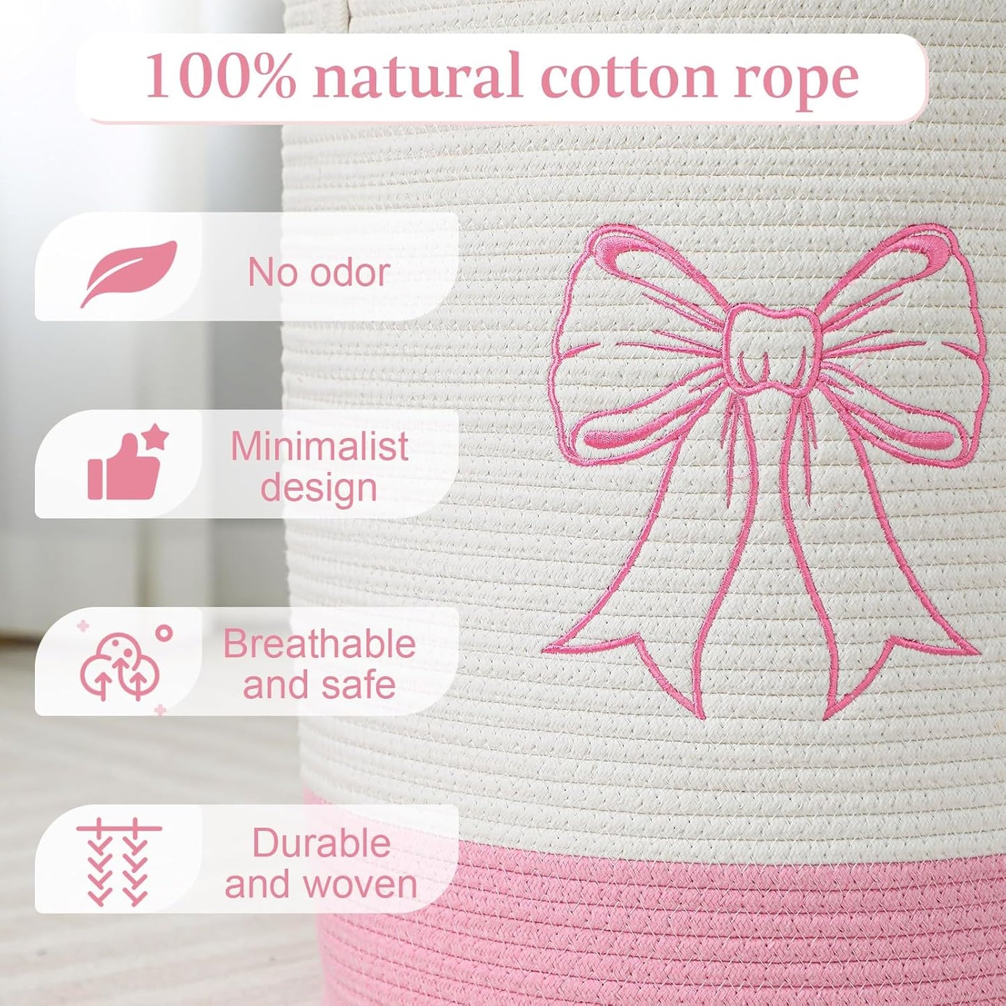 Honeydak 15'' x 18'' Pink Bow Cotton Rope Laundry Basket Hamper Large Laundry Basket Hamper Coquette Bow Room Decor Girls Girly Nursery Storage Bin Tall Round Organizer Blanket Toys Clothes(Bowknot)
