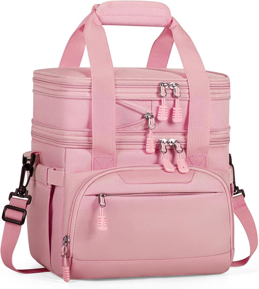 Large Lunch Box for Men/Women Dual-Compartment Insulated Lunch Bag,Adults Expandable Leakproof Cooler Bag Lunch Tote with Adjustable Shoulder Strap for Work Camping Picnic,Pink 24-Can(14L)