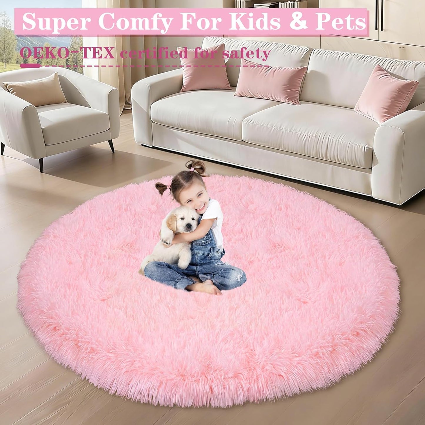 Pink Round Rug for Bedroom: Soft Fluffy Shag Washable Rug Fuzzy Circle Rugs Plush Indoor Carpet for Living Room Nursery Playroom Girls Boys Kids Room (Pink, 4'x4')
