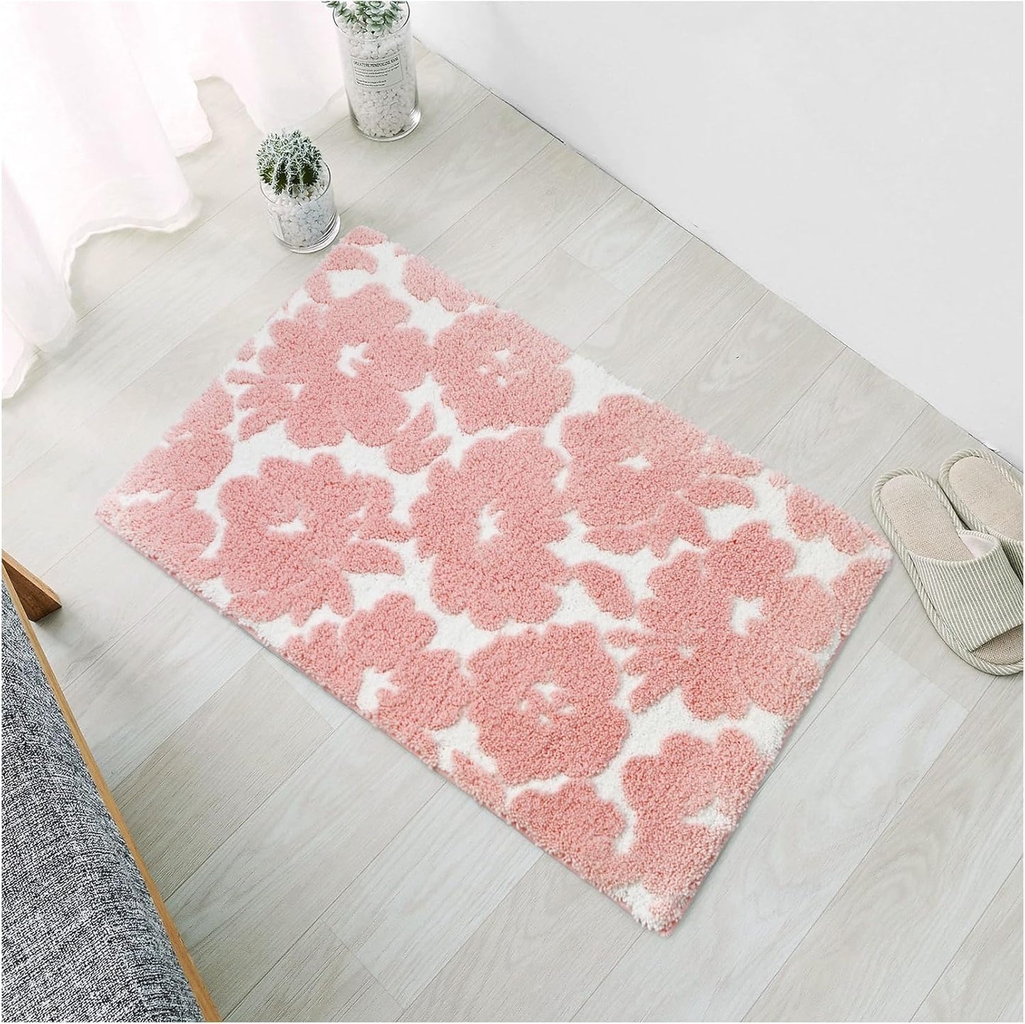 Civkor Pink and White Bathroom Rug, Tufted Flower Bath Mat for Bathroom with Non Slip TPR Backing, Quick Dry Microfiber Surface, Soft and Super Water Absorbent Bath Rug, 24x16Inch