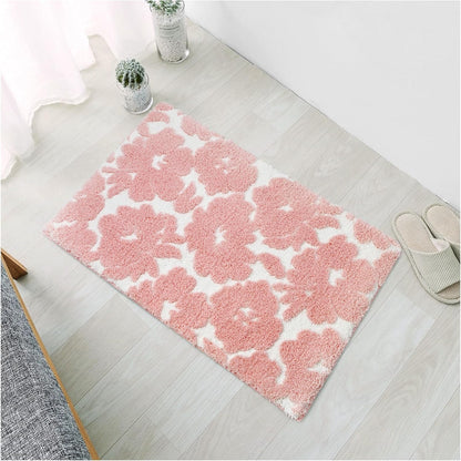 Civkor Pink and White Bathroom Rug, Tufted Flower Bath Mat for Bathroom with Non Slip TPR Backing, Quick Dry Microfiber Surface, Soft and Super Water Absorbent Bath Rug, 24x16Inch