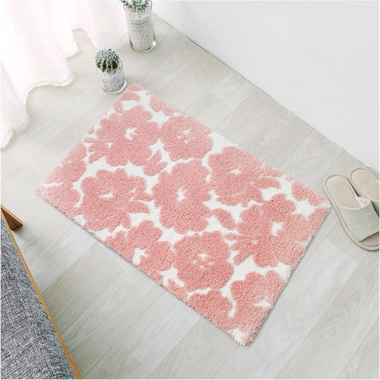 Civkor Pink and White Bathroom Rug, Tufted Flower Bath Mat for Bathroom with Non Slip TPR Backing, Quick Dry Microfiber Surface, Soft and Super Water Absorbent Bath Rug, 31x20Inch