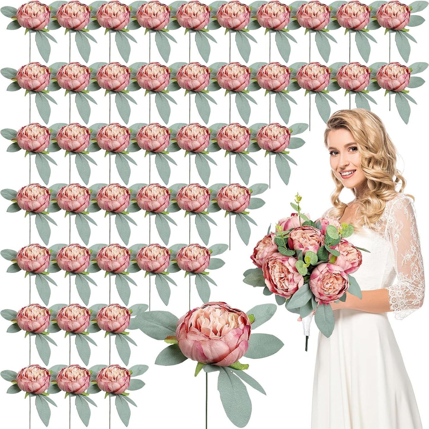 50Pcs Artificial Peonies Flowers, 4’’ Dusty Pink Peonies Fake Flowers Heads for Table, Faux Silk Peony Arrangements for Wedding, Valentine, Engagement, Party, Coffee, Dining Decorations