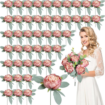 50Pcs Artificial Peonies Flowers, 4’’ Dusty Pink Peonies Fake Flowers Heads for Table, Faux Silk Peony Arrangements for Wedding, Valentine, Engagement, Party, Coffee, Dining Decorations