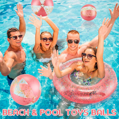 10 Pcs Pink Inflatable Pool Floats Tube Beach Balls Set Glitter Swim Rings Bachelorette Party Pools Floats Confetti Pool Ball for Adult Summer Favors (Air Pump Not Included)