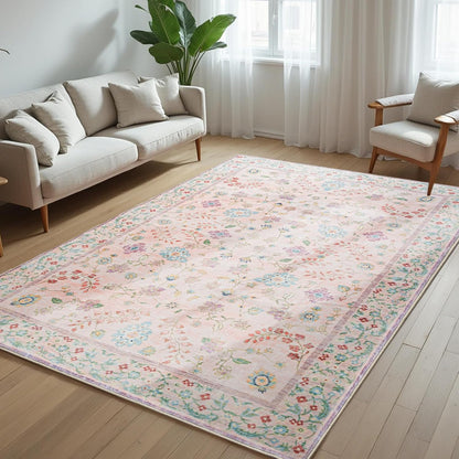 CRYPTOLITE Area Rug 4x6, Washable Faux Wool Throw Rugs for Living Room, Non Slip Low Pile Vintage Boho Carpet for Dining Room, Home Office, Bedroom, Kids Room, Bedside (Pink)