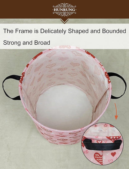 Heart Collapsible Fabric Storage Basket, Waterproof Laundry Hamper with Handles, Round Storage Bin for Clothes Toys, Foldable Organizer for Bedroom Nursery Bathroom(Round-Pink Love Heart)