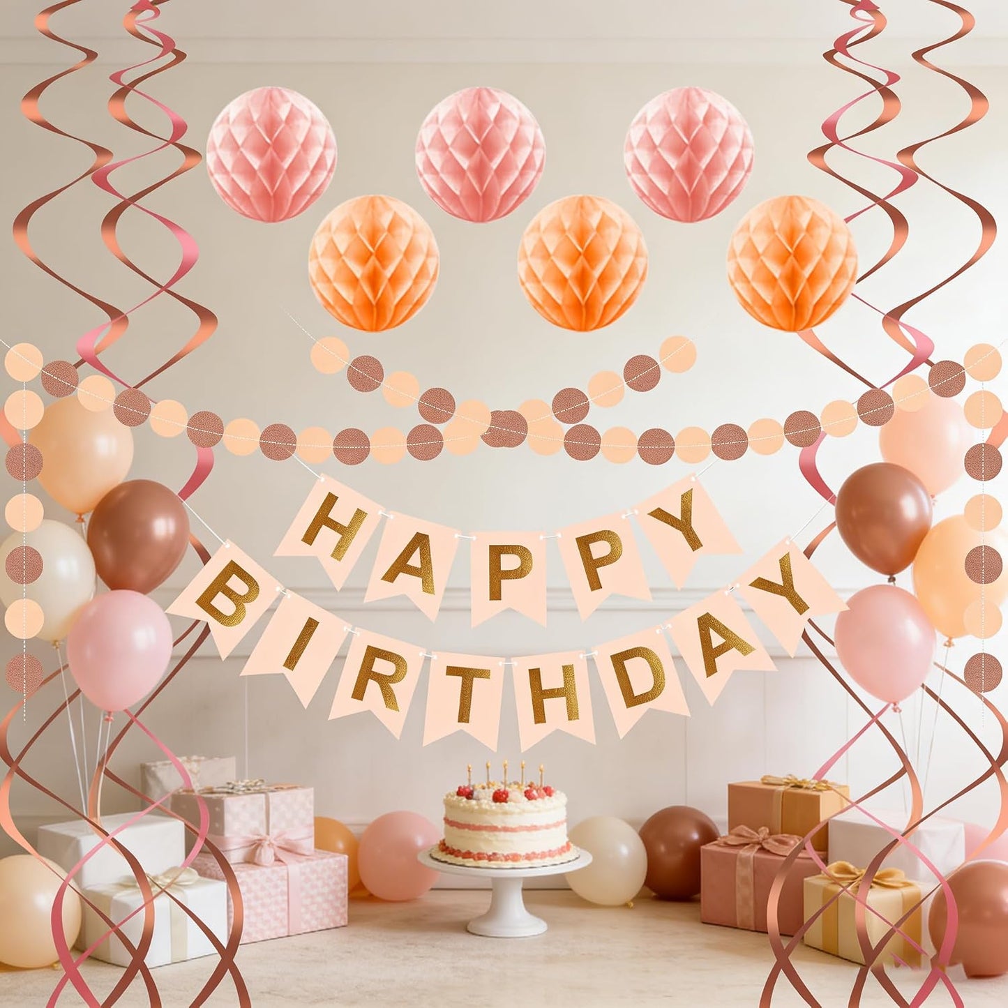 Pink Peach Birthday Decorations - Happy Birthday Banner Peach Birthday Party Decorations, Pink birthday Supplies Birthday Party Decorations for Women Girls