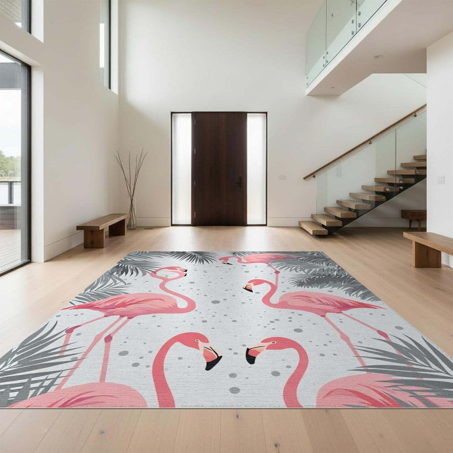 Design&I 4'x6' Machine Wash Ready Modern Palm Tree Area Rug, Light Grey for Home Office, Gaming Room, Under Desk, Chair-Friendly & Snag-Free Skid-Resistant Medium Carpet | 2088597