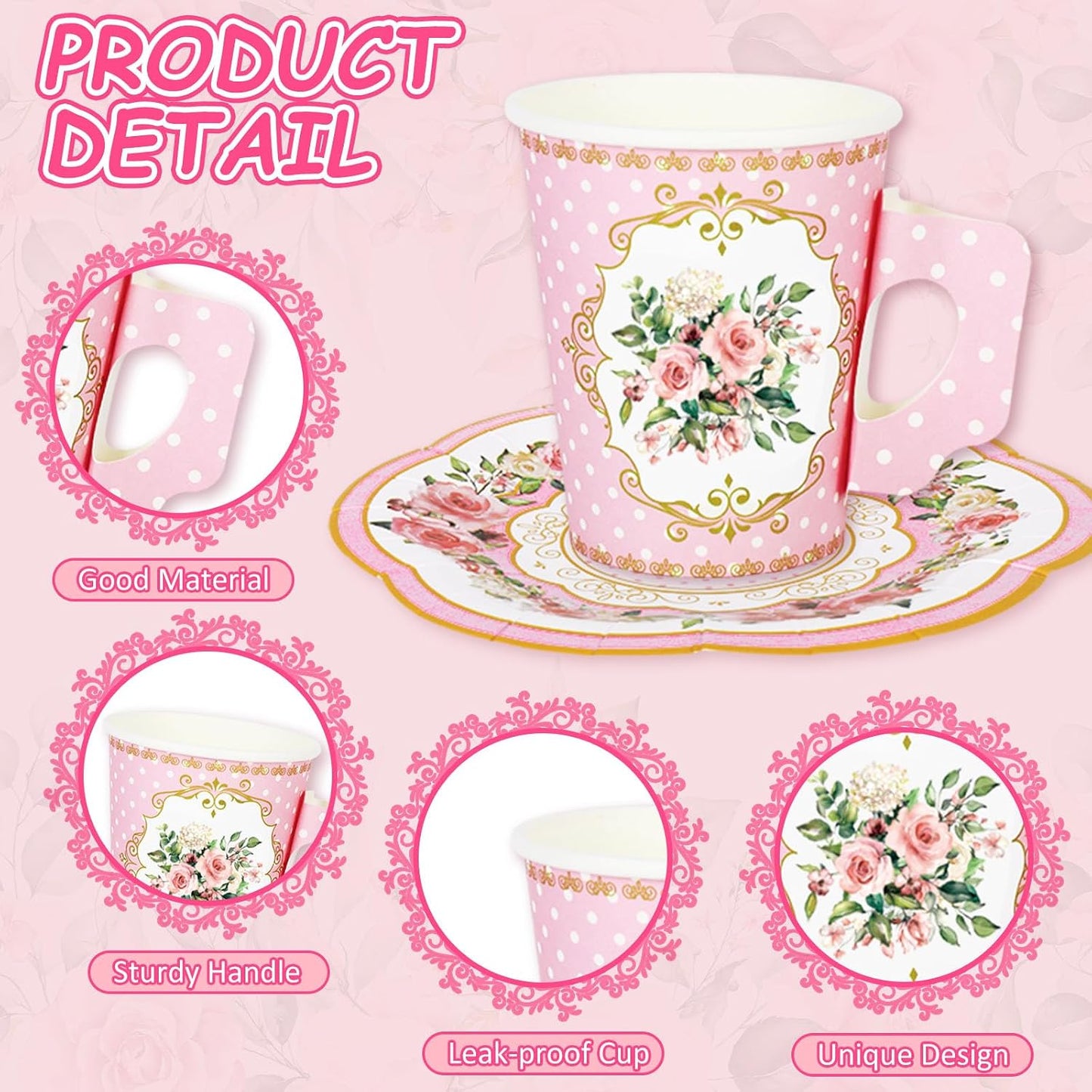 JarThenaAMCS 120Pcs Spring Tea Party Decorations 9oz Pink Yellow Blue Green Floral Paper Tea Cups with Handle Flower Saucers for Mother's Day Party Tableware Girls Women Birthday Supplies, 60 Set