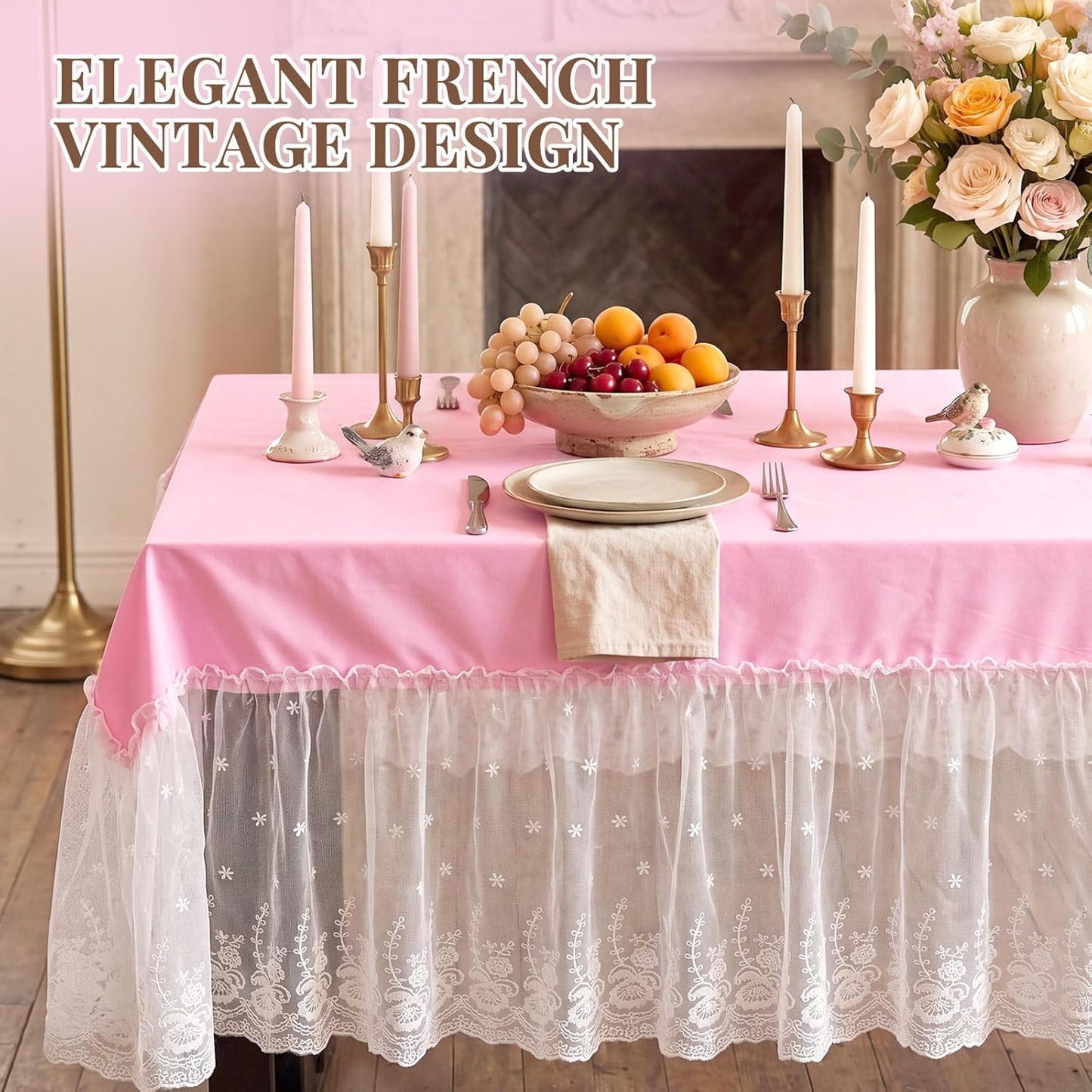 Mindsoft Pink Lace Ruffle Tablecloth 52 x 70 Inch, French Floral Edge Rectangular Table Cover, Washable Polyester Table Linen for Tea Party Baby Shower Bridal Shower Wedding Dessert Tables Decor