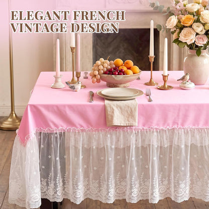 Mindsoft Pink Lace Ruffle Tablecloth 52 x 70 Inch, French Floral Edge Rectangular Table Cover, Washable Polyester Table Linen for Tea Party Baby Shower Bridal Shower Wedding Dessert Tables Decor