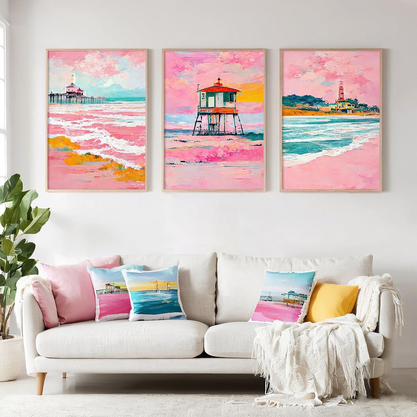 Beach Boho Wall Art Prints Set of 3 Preppy Coastal Wall Decor Pictures Pink Beach Canvas Wall Decor Art Pastel Surf Art Lighthouse Poster Coastal Artwork for Living Room Bedroom 16x24 Inch Unframed