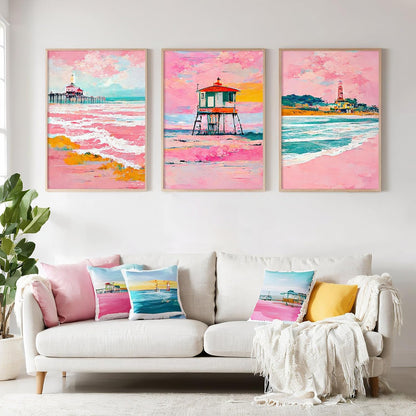 Beach Boho Wall Art Prints Set of 3 Preppy Coastal Wall Decor Pictures Pink Beach Canvas Wall Decor Art Pastel Surf Art Lighthouse Poster Coastal Artwork for Living Room Bedroom 16x24 Inch Unframed