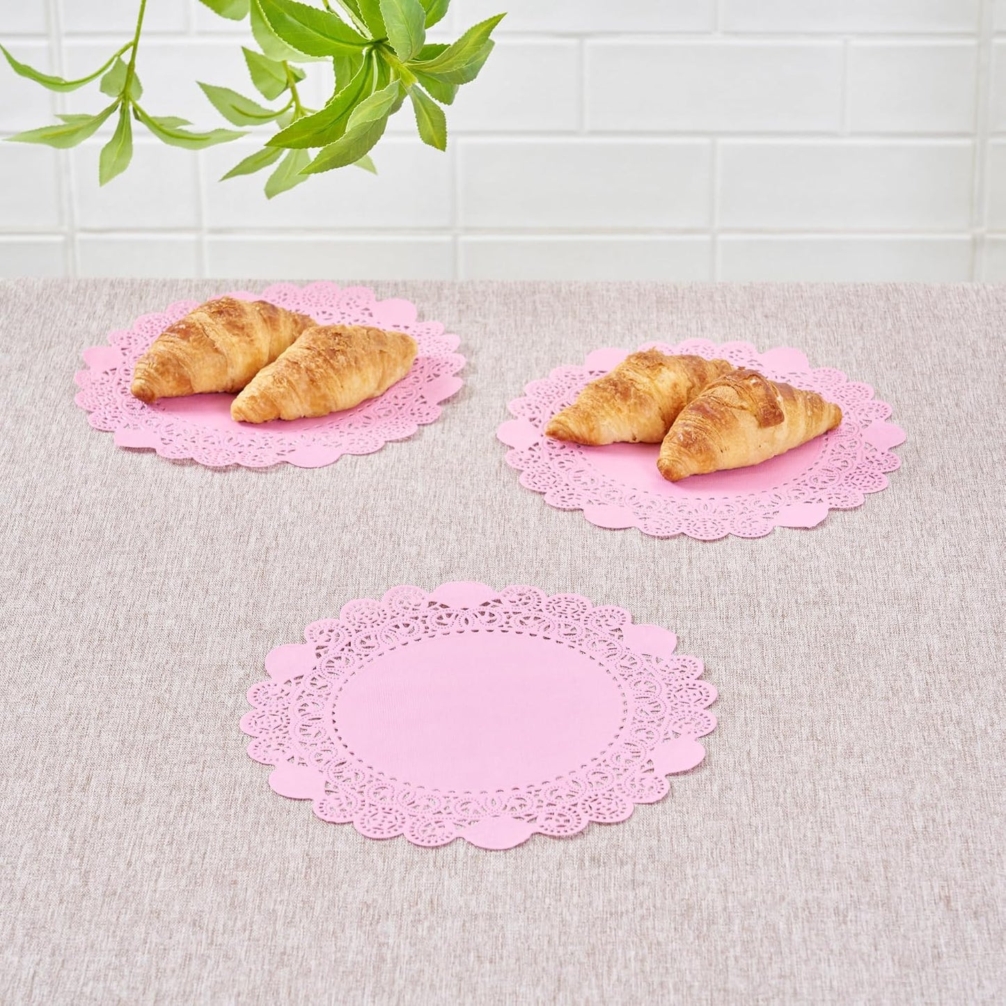 Pastry Tek 8 x 8 Inch Paper Lace Doilies, 100 Disposable Table Doilies - Elegant Lace Finish, Long Lasting, Pink Paper Doily, for Pastries, Cupcakes, Desserts - Restaurantware