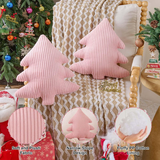 Lanpn Christmas Tree Pillows Set of 2, Christmas Decoration Narrow Stripes Winter Throw Pillow Soft Cute 3D Shaped Xmas Tree Throw Cushion for Sofa Bedroom Xmas Decor (18x16 inch, Pink)