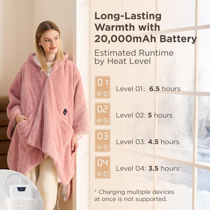 Bedsure Cordless Wearable Heated Blanket - Fluffy Electric Blanket Hoodie with 20000mAh Battery Pack, Portable USB Heated Shawl as Winter Gifts for Women Mom, 4 Heat Levels & 4 Timers, 55"x69", Pink
