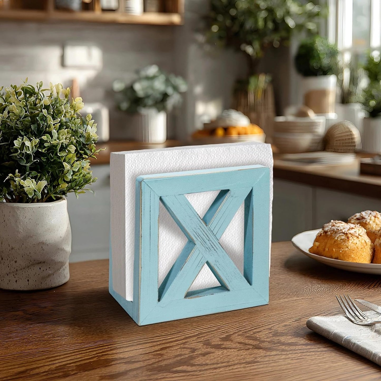 MAONAME Farmhouse Wooden Napkin Holder for Tables, Square Napkins Dispenser, Rustic Wood Guest Towel Holder Tray for Bathroom, Dinner Napkin Holders for Kitchen, Ocean Blue