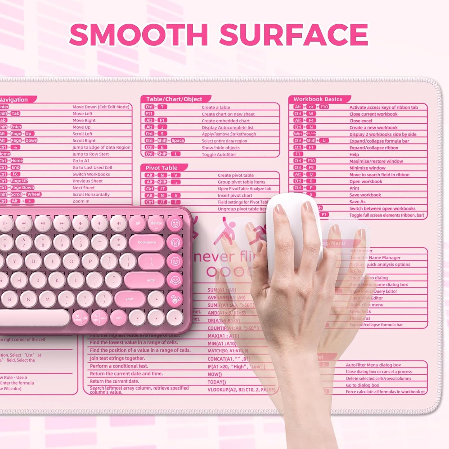 iCasso Pink Excel Cheat Sheet Desk Mat with Excel for Dummies,Excel Shortcuts Mousepad, Extended Large XXL Non-Slip Exel Mousepad with Stitched Edges,Computer Mats for Desktop Protector